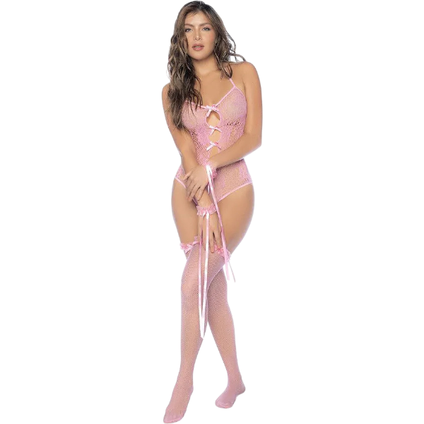 Mapalé Floral Fishnet Bodysuit Set Bubblegum Roze One Size – Lingerie