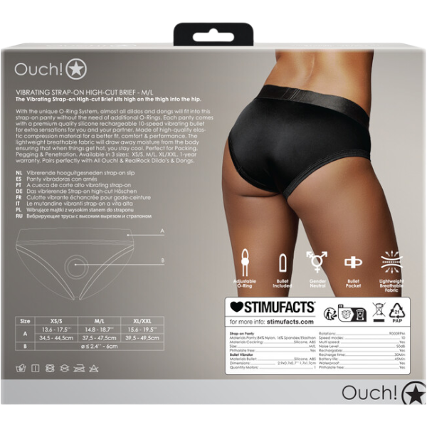 OUCH Vibrating Strap-on High-cut Brief M/L Zwart – Hoog Gesneden Harnas