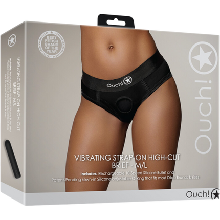 OUCH Vibrating Strap-on High-cut Brief M/L Zwart – Hoog Gesneden Harnas