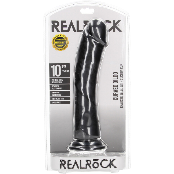 RealRock  Dildo van 25,5 cm - Realistisch Zwarte huidskleur  gebogen met zuignap
